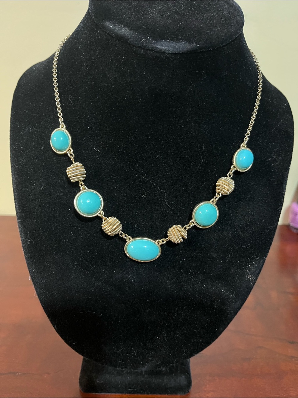 Vintage Monet Gold-Tone Necklace with Turquoise Blue Cabochons
